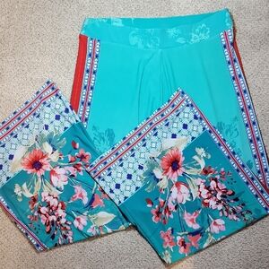 Floral Teal and Red Wide Leg Leggings